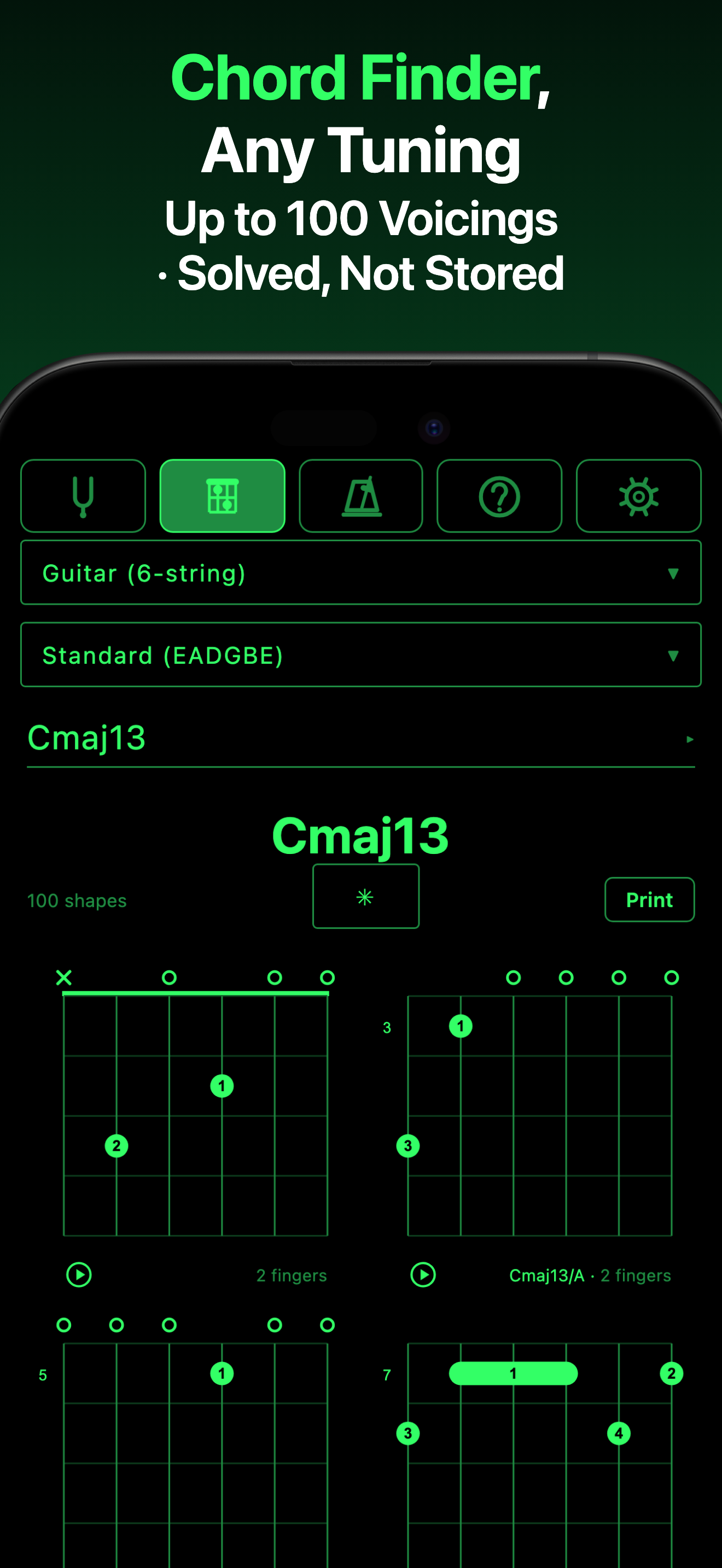 ChordSmith chord finder — voicings solved for the current tuning, easiest first