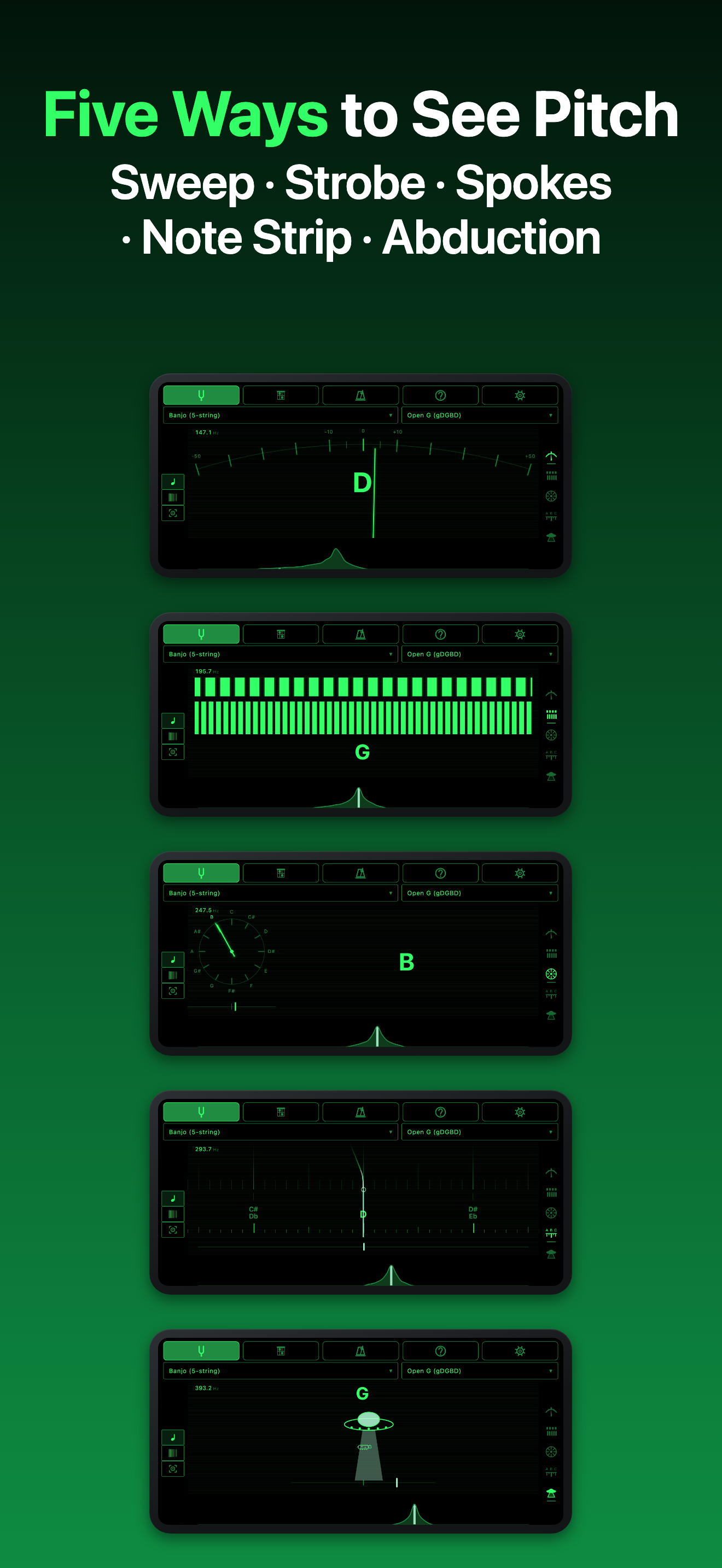 ChordSmith — five tuner displays: Sweep, Strobe, Spokes, Note Strip and Abduction