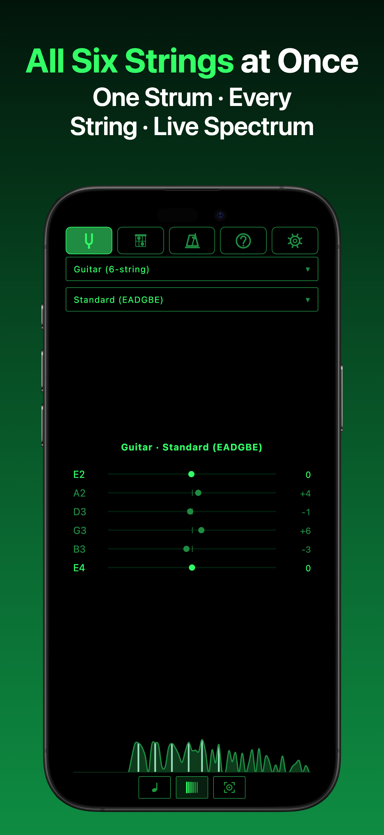 ChordSmith — all six strings read from one strum against a live spectrum