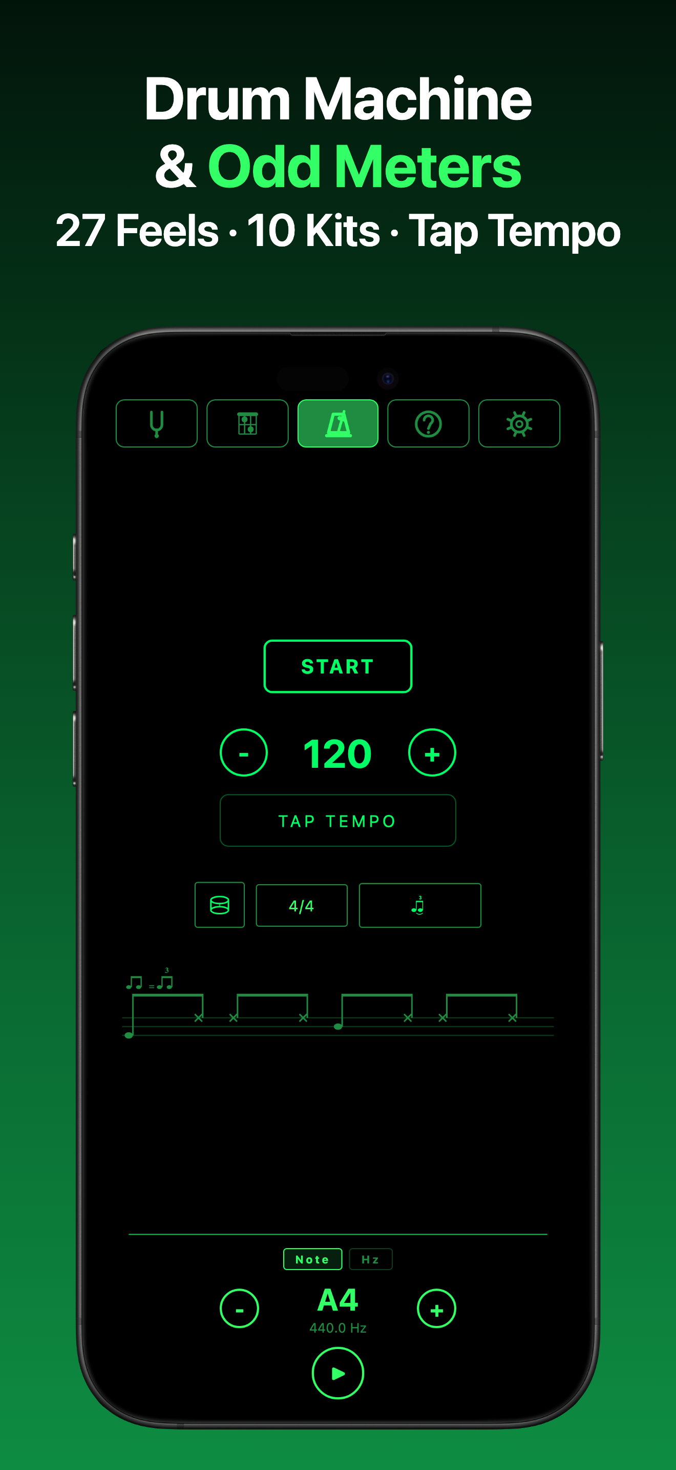 ChordSmith drum machine — 27 feels, 10 kits, tap tempo and odd meters