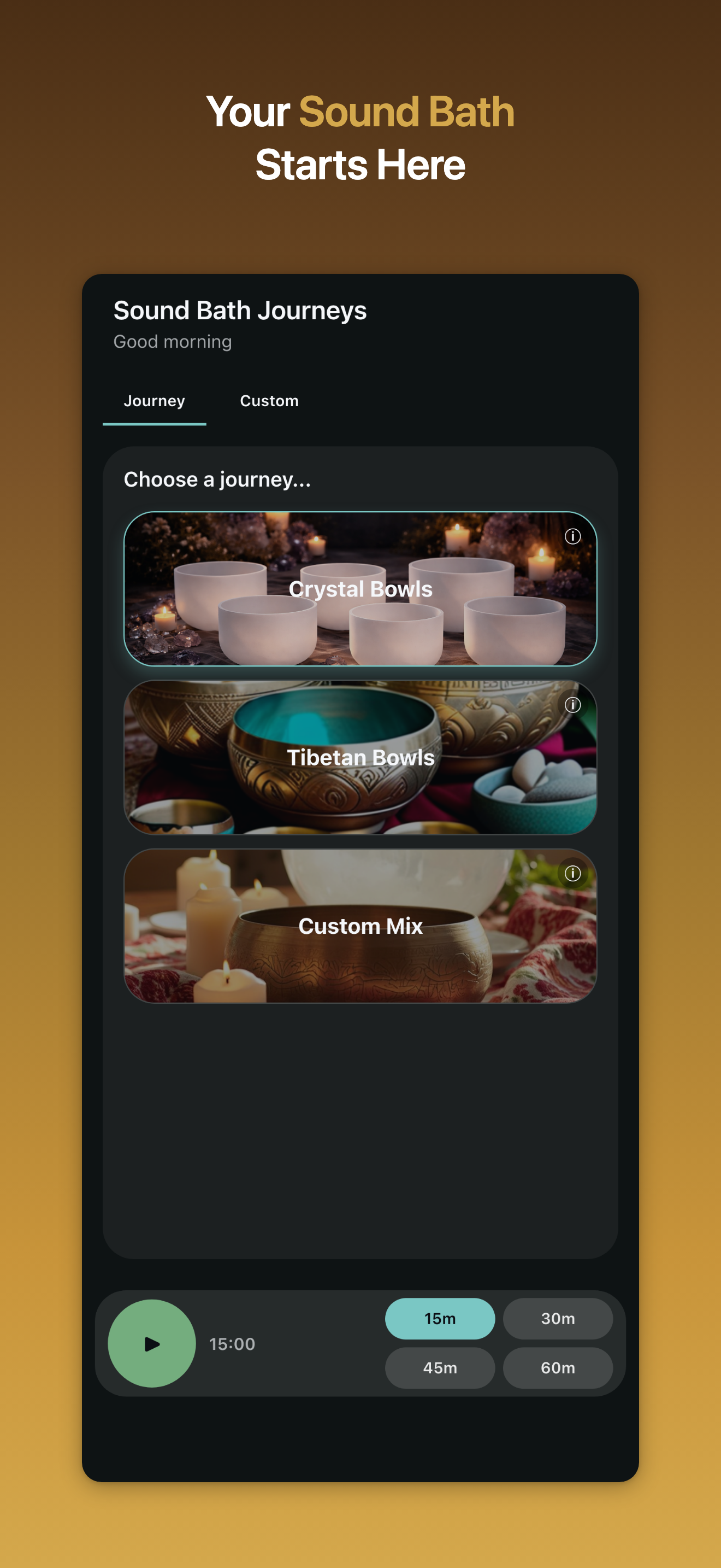 Sound Bath Journeys — bowl selection screen