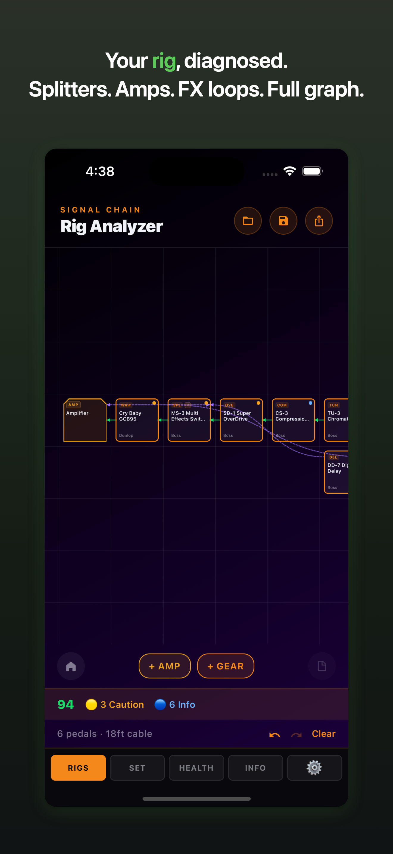 ToneTrace Rig Analyzer — chain builder with full pedal graph