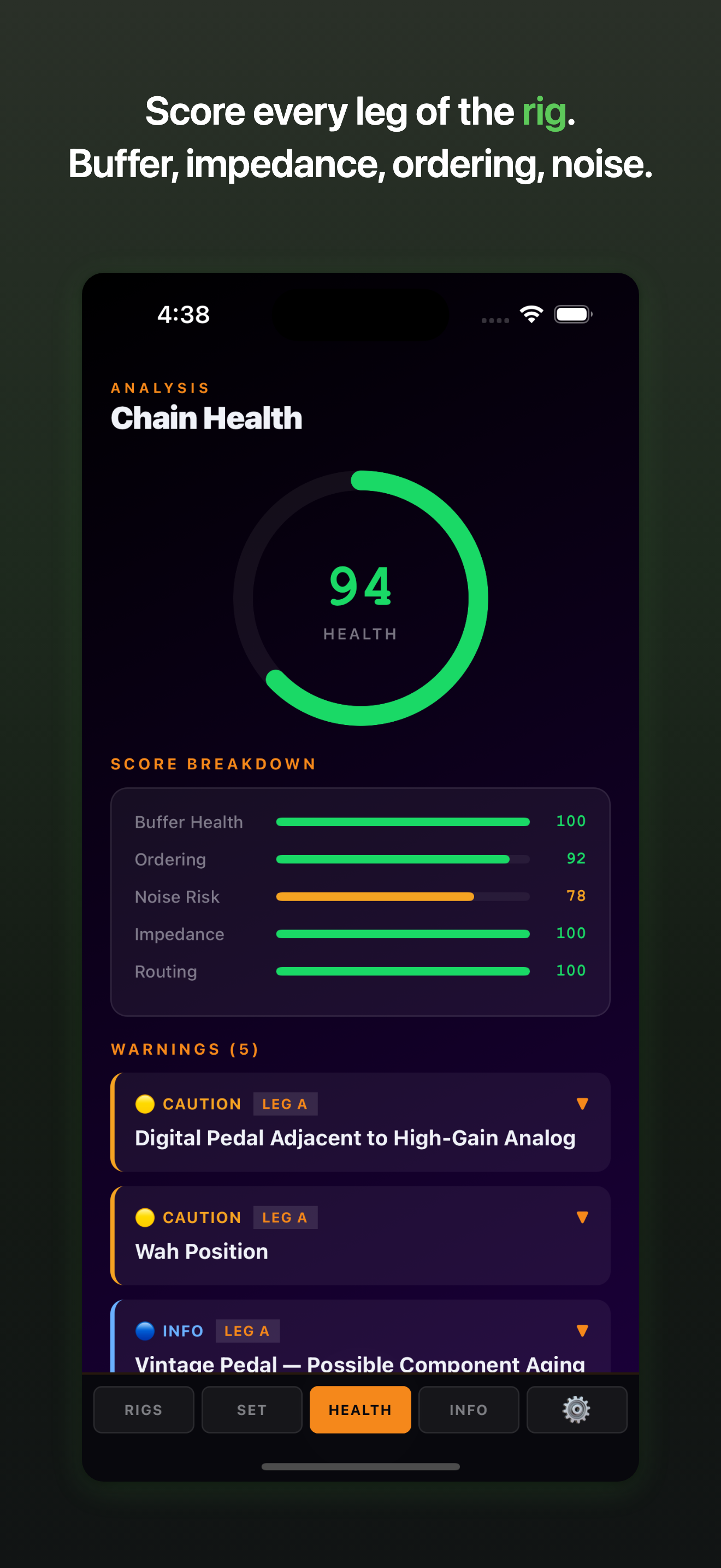 ToneTrace Chain Health — score breakdown with warnings