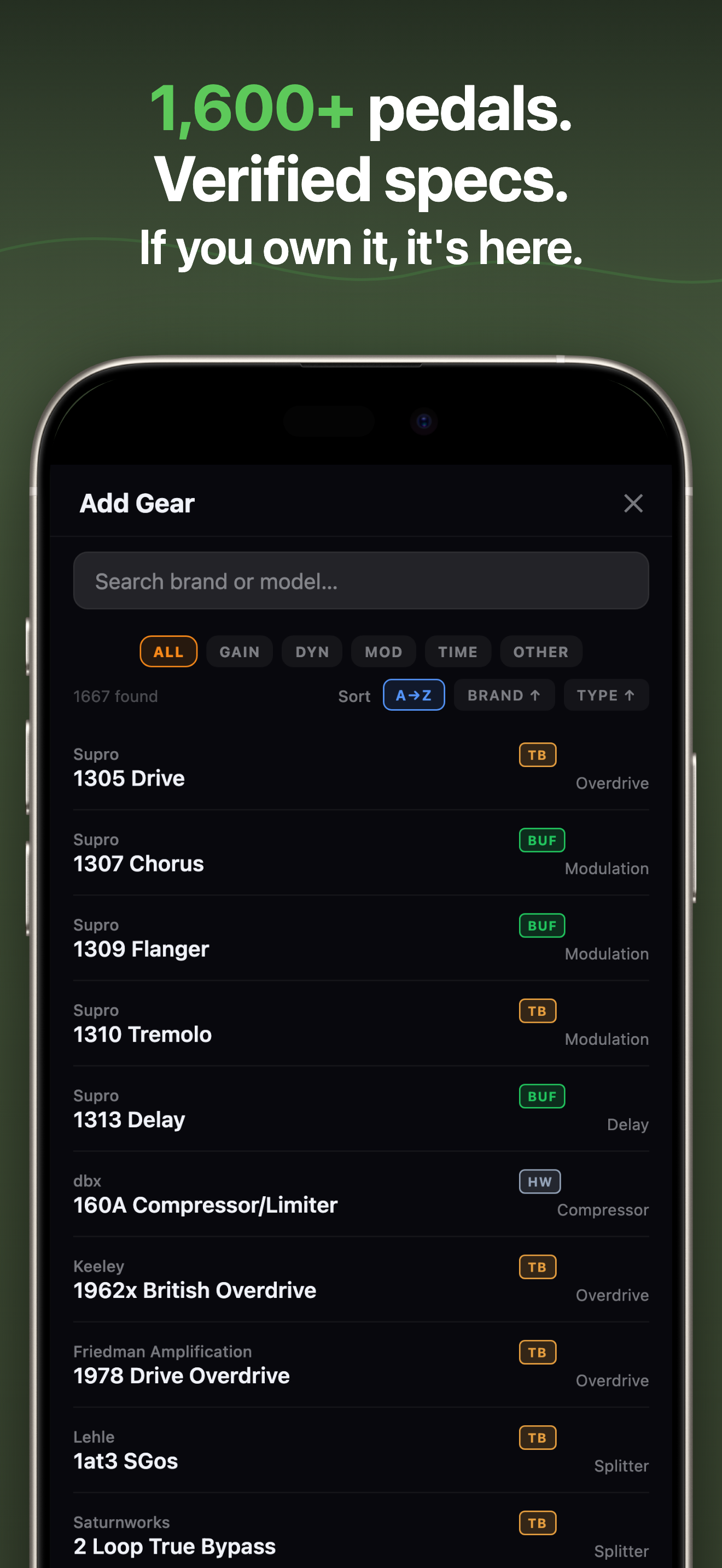 ToneTrace pedal database — 1,600+ verified pedals across 200+ brands
